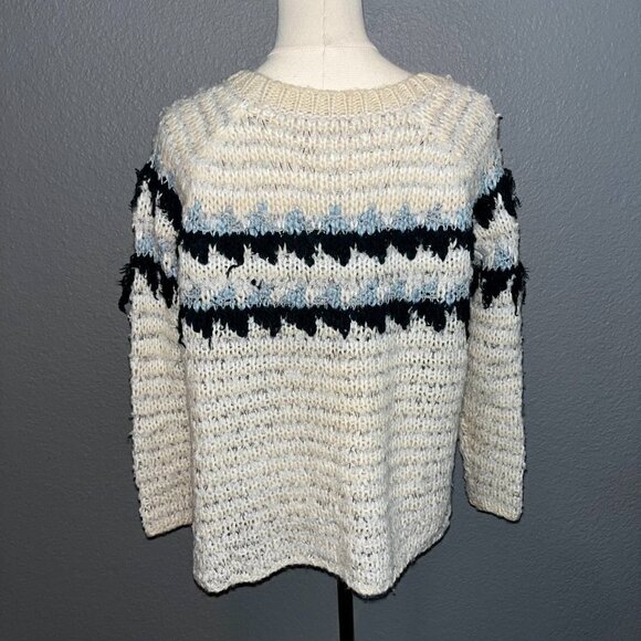 FREE PEOPLE Alpaca & Wool Blend Cream Green& Blue Nordic Pullover sweater EUC XS - Picture 5 of 6